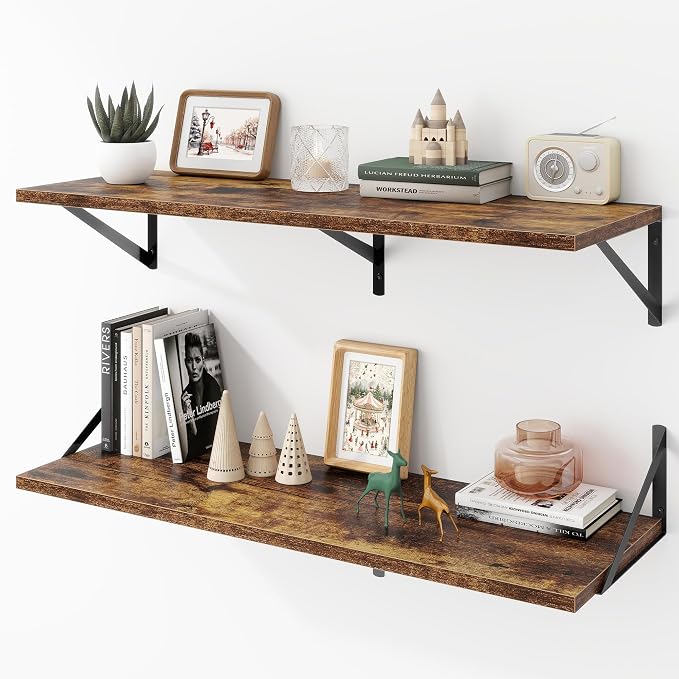 Acovy Deep Floating Shelves Wall Mounted, 36"x12" Brown Wood Shelves with Brackets Set of 2 for Bedroom, Living Room, Bathroom, Kitchen, Office - Storage & Display Shelf for Decor, Books, Plants