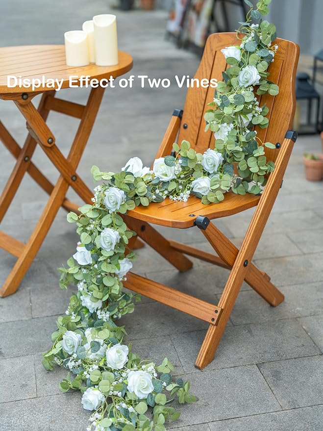 6FT Artificial Eucalyptus Garland with Flowers, 10 White Roses Baby Breath Garland Floral Greenery for Wedding Party Centerpiece Table Runner Backdrop Wall Decor Decoration