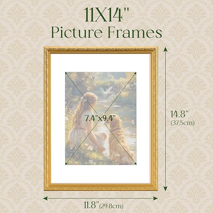 TWING 11x14 Picture Frame,Display 8x10 Photo with Mat or 11x14 without Mat,Ornate Vintage 11 x 14 Photo Frames for Wall Mounting,Gold,1 Pack