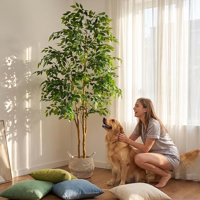 Warmplants Artificial Ficus Tree, 7ft Silk Fake Ficus Leaves Plant with Basket, Indoor Outdoor Faux Green Tree for Home Garden Office House Livingroom Décor