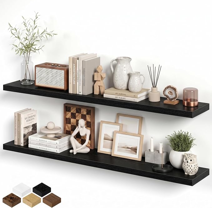 Floating Shelves for Wall, 66 Inch Floating Shelves Set of 2, Wall Mounted Rustic Wood Shelf for Bathroom, Living Room, Bedroom and Kitchen, Hanging Shelf for Storage, Books, Home Decor, Black