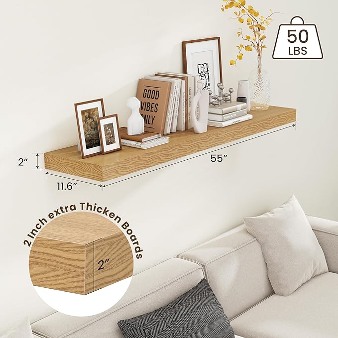 FLYJOE Deep Floating Shelves, 55 Inch Oak Shelves Set of 1 | 12 Inch Deep Shelves for Wall, 55'' x 12'' Rustic Wood Shelves for Bathroom Living Room Laundry Room Kitchen