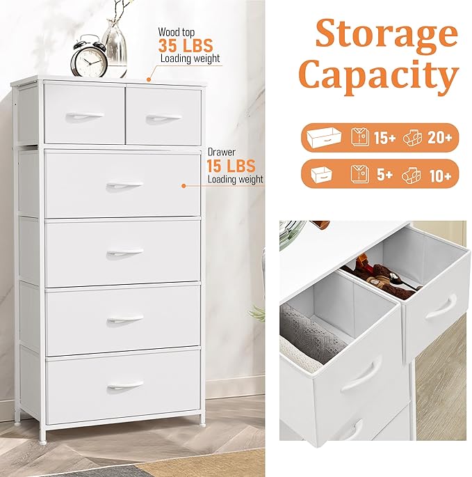 Fabric Dresser for Bedroom, Tall Skinny Dresser with 6 Drawers, Storage Organizer Tower, Steel Frame Wooden Top for Closet, Living Room, Hallway(White)