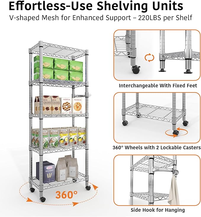 Garvee 5-Tier Storage Shelves Heavy Duty Metal Wire Rack Shelving, 1100 LBS Capacity Rolling Storage Rack with Wheels, for Living Room Pantry Kitchen Bedroom Organization