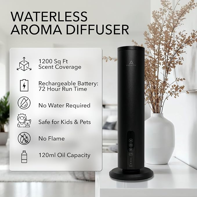 Breeze Waterless Diffuser, Cordless & Rechargeable Fragrance Oil Diffuser with Cabana & White Tea Oils Included, 1200 Sq Ft Coverage, Bluetooth & App Control, Cold Air Diffuser, Black