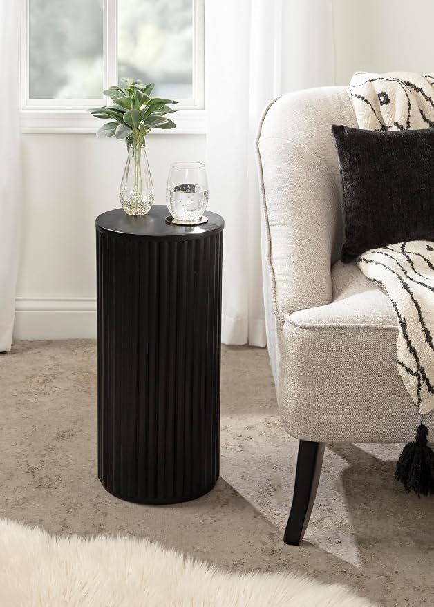 Kate and Laurel Reid Modern Wooden Ribbed Drink Table; 10 x 10 x 22; Black; Solid Wood Mini Table for Use as Pedestal Plant Stand Indoors or Small Nightstand Option