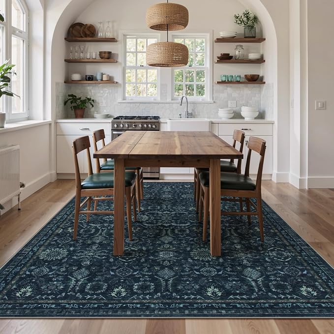 Lahome Navy Blue 8x10 Washable Area Rugs, Dark Blue Living Dining Room Rug | Dark Vintage Thin Stain Resistant Carpets for Bedroom Dorm Home Office