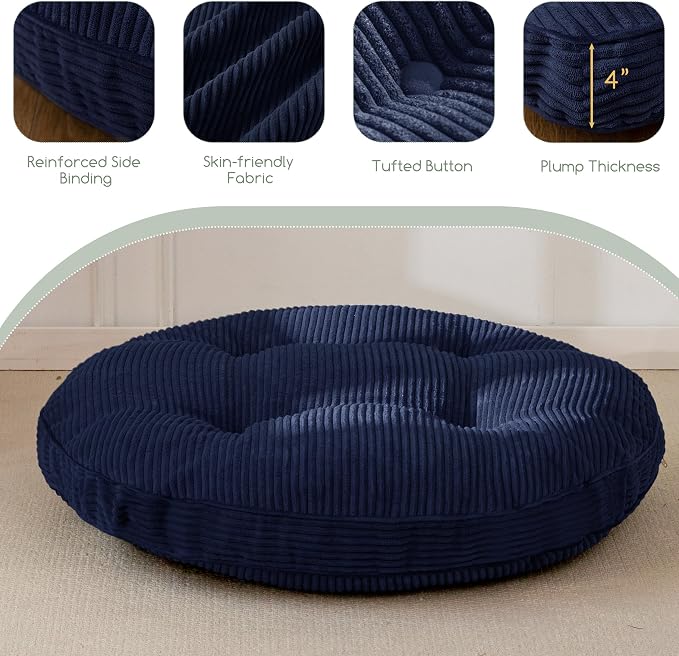 HIGOGOGO 35" Floor Pillow Cushion for Adults, Meditation Cushion Pillow, Extra Large Square Floor Sitting, Tufted Corduroy Cover for Tatami Living Room or Yoga, Navy