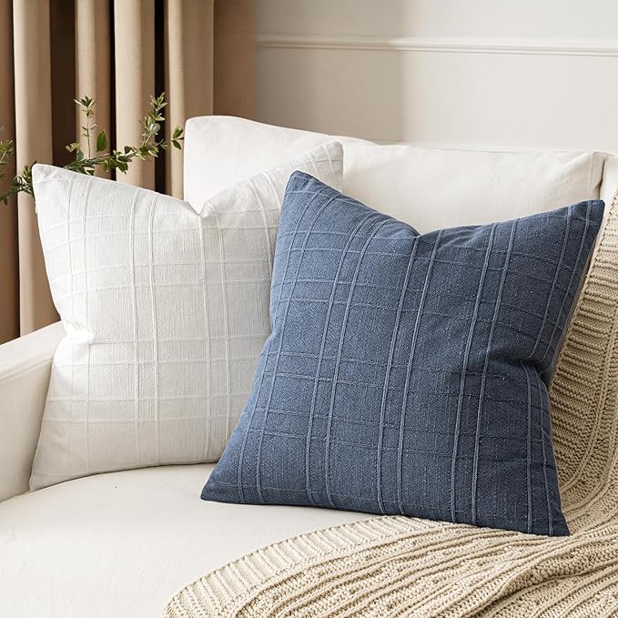 MIULEE Decorative Linen Check Euro Shams Throw Pillow Covers Neutral Farmhouse Vintage Pillow Covers 26x26 Set of 2 Boho Modern Home Decor for Sofa Couch Bedroom Cushion Blue