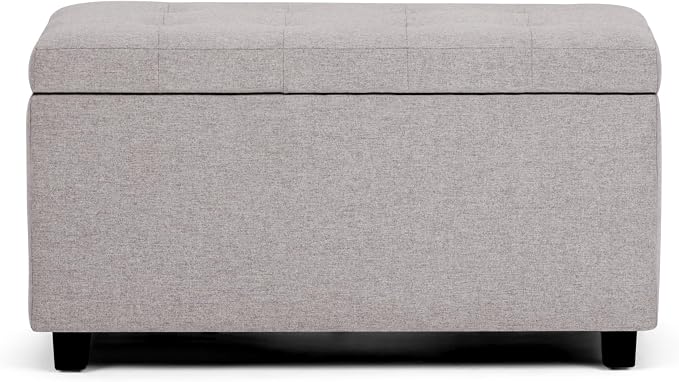 SIMPLIHOME Cosmopolitan Storage Ottoman - 34 inch Wide Upholstered Linen Look Fabric Rectangle Storage Ottoman Bench in Cloud Grey, Transitional Tufted Ottoman for Living Room with Lift-Up Lid