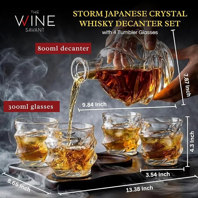 Storm Japanese Crystal Whisky Decanter Set with 4 Tumbler Glasses, Lead-Free Liquor Carafe & 10oz Rocks Glasses - Scotch, Bourbon, Spirits & Wood Base Elegant Barware Gift for Men, Japan Design Gifts