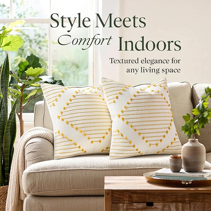 Mecatny Boho Outdoor Throw Pillow Covers 18X18 Set of 2, Farmhouse Decorative Pillow Covers for Couch Sofa Living Room, Yellow & White