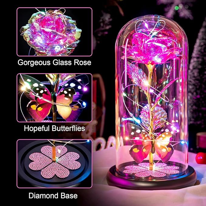Mothers Day Mom Gifts for Mom Women Birthday Gift Galaxy Glass Rose in Glass Dome Forever Eternal Crystal Flowers with Butterfly Mother's Day Flowers Gifts for Women Wife Grandma Daughter Sister Pink