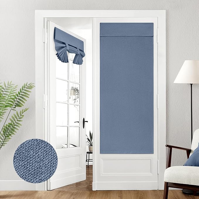 HOMEIDEAS 100% Linen Blackout French Door Curtains, Privacy Door Window Curtains, 26 X 68 Inch Room Darkening Blinds, Thermal Insulated Shades for Bedroom, 1 Panel, Stone Blue