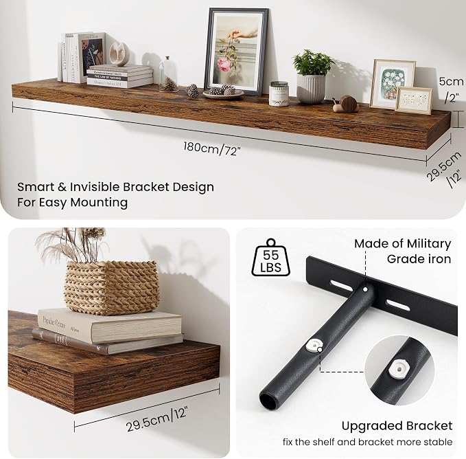 Fun Memories 72 Inch Fireplace Mantel Shelf, 12 Inch Deep Shelves for Display & Wall Storage, Rustic Wood Wall Shelf, Extra Long Floating Shelves for Living Room Laundry Room, Rustic Brown, Set of 2