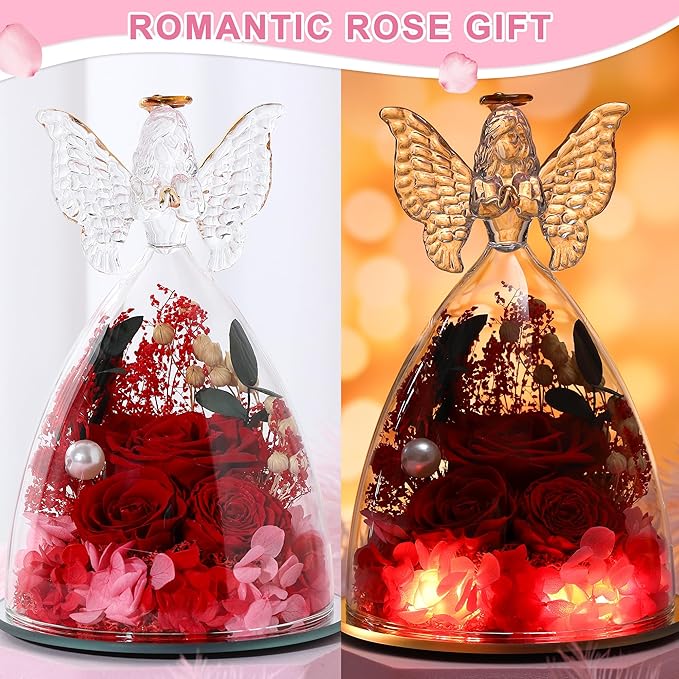 Mothers Day Rose Gifts for Women Preserved Real Flower in Glass Angel Figurines Roses for Delivery Prime Birthday Gifts for Mom Grandma Girlfriend Wife Her, Red Austin Roses
