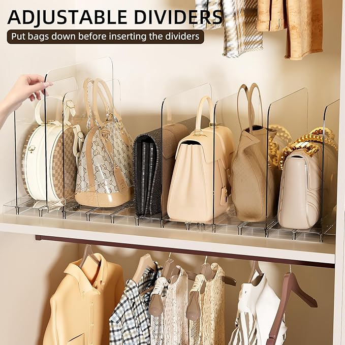 JOYZAN Stackable Purse Organizer for Closet, Adjustable Closet Purse Organizer, Clear Acrylic Shelf Dividers, Detachable Handbag Storage Separator Dividers for Home, Office - 2 Pack