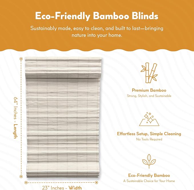 Radiance Cordless Distressed White Brooklyn Flatstick Bamboo Roman Shade - 23 in. W x 64 in. L