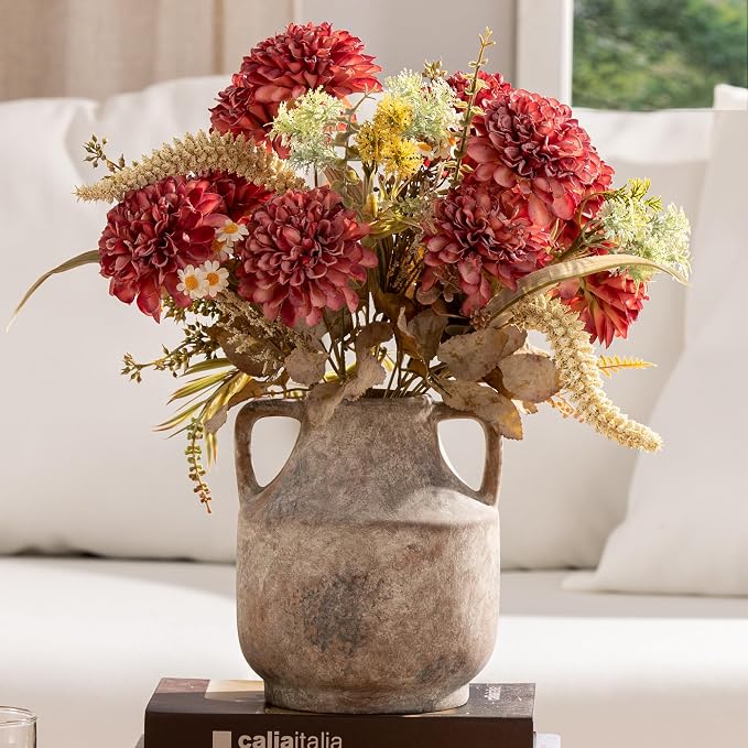 Mitt&Ditt Ceramic Flower Vase, Farmhouse Rustic Vase, Handcrafted Weathered Pottery Vases, Terracotta Vases for Home Decor, Living Room, Table, Shelf