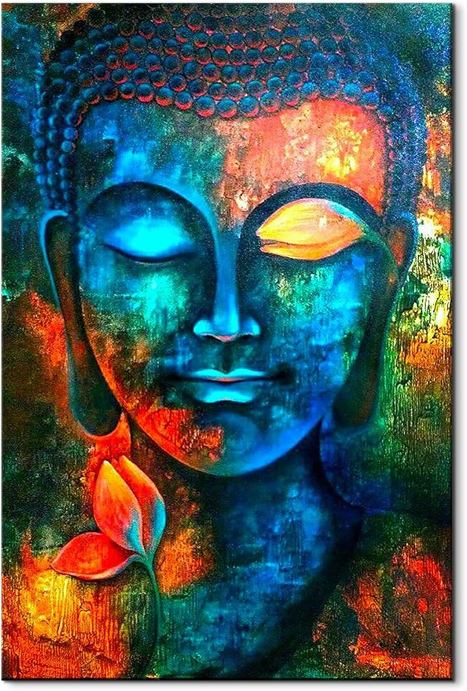 Blue Buddha Wall Decor Colorful Abstract Buddha Head Wall Art Zen Posters Modern Home Decor Living Room Study Bedroom Canvas Prints Painting Lotus Murals Hang Pictures Decoration 36x48 Inch