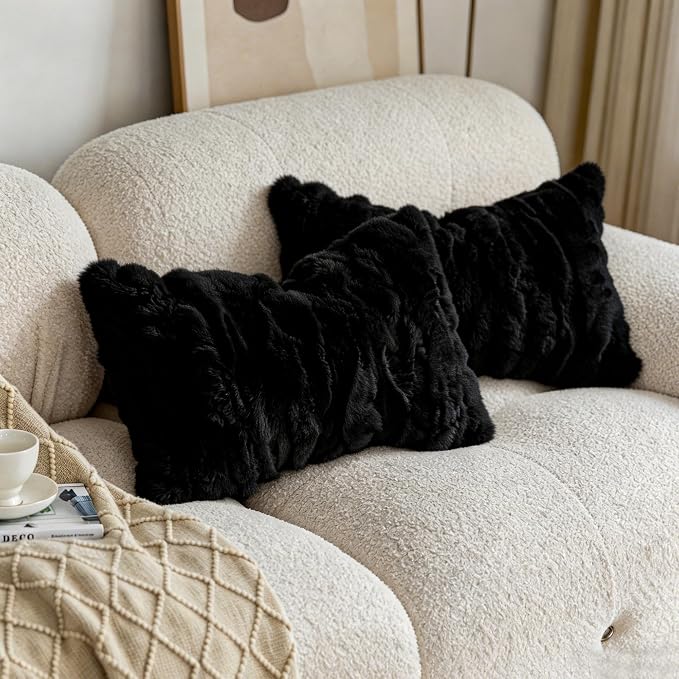 MOOX Rabbit Fur Pillow Covers Set of 2 Fur Throw Lumbar Decorative Pillow Fuzzy Soft Fluffy Genuine Animal Skin 12"x20" Sofa Couch Bed Cover, Black
