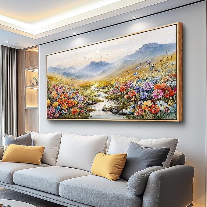 XIGUANGART Floral Wall Art, Large Framed Wall Art, Flower Pictures Wall Decor, Colorful Wildflowers Art Prints, Mountain Nature Landscape Paintings for Living Room Bedroom Kitchen Farmhouse 20"x40"