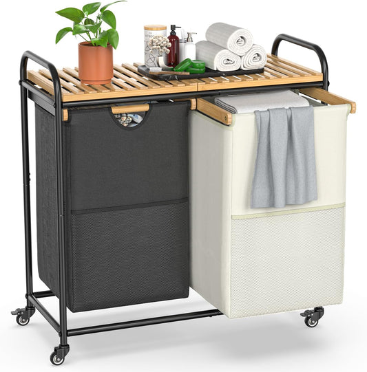 Laundry Hampers 2 Section, Laundry Sorter with Removable Shelf and Pull-Out Bags, Clothes Hampers with Wheels Rolling Cart Basket for Laundry Room Bathroom, 2 x 50 L (Black White)