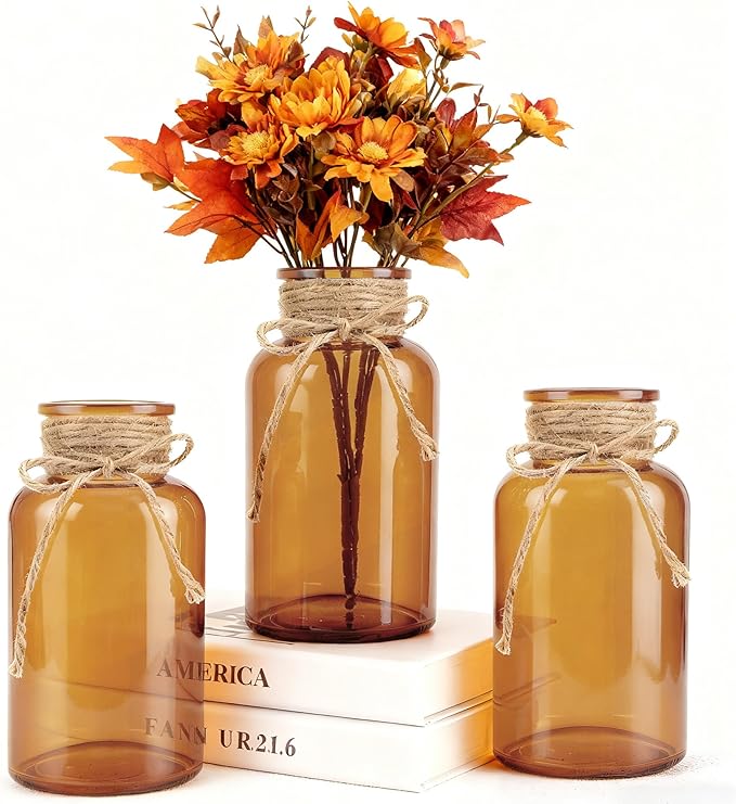 Vintage Glass Flower Vase, Farmhouse Glass Centerpiece Vases Mason Jars for Weddings, Parties & Home Decor Bulk (3, Amber)