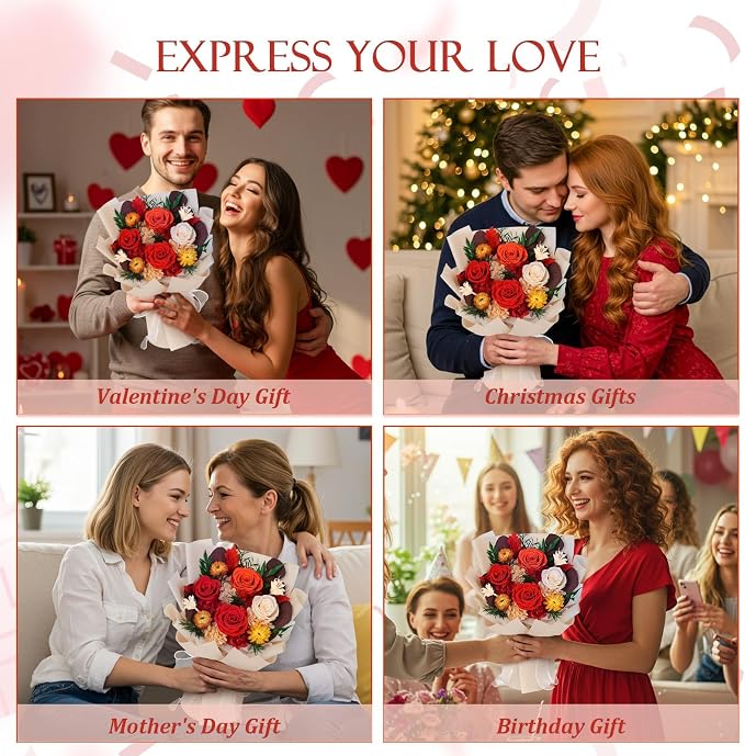 Preserved Flowers Bouquet 4 Roses with Vase,Flowers for Delivery Prime That Last 3-5 Years Real Forever Flowers Rose Bouquet for Mom Mother Women Wife Friends Birthday Mother's Day（Red）