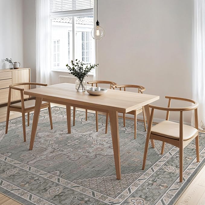 Tortania Area Rug Living Room Rugs - 9x12 Washable Boho Rug Vintage Oriental Distressed Farmhouse Large Thin Indoor Carpet for Living Room Bedroom Under Dining Table Home Office - Green Gray