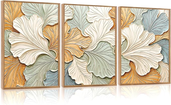 CHDITB 3D Neutral Earth Tone Impasto Ginkgo Leaf Textured Framed Canvas Wall Art Set, Pastel Minimalist Relief Wall Decor, Modern Art Prints for Living Room Hallway Bedroom Home Decor 24"x36"x3