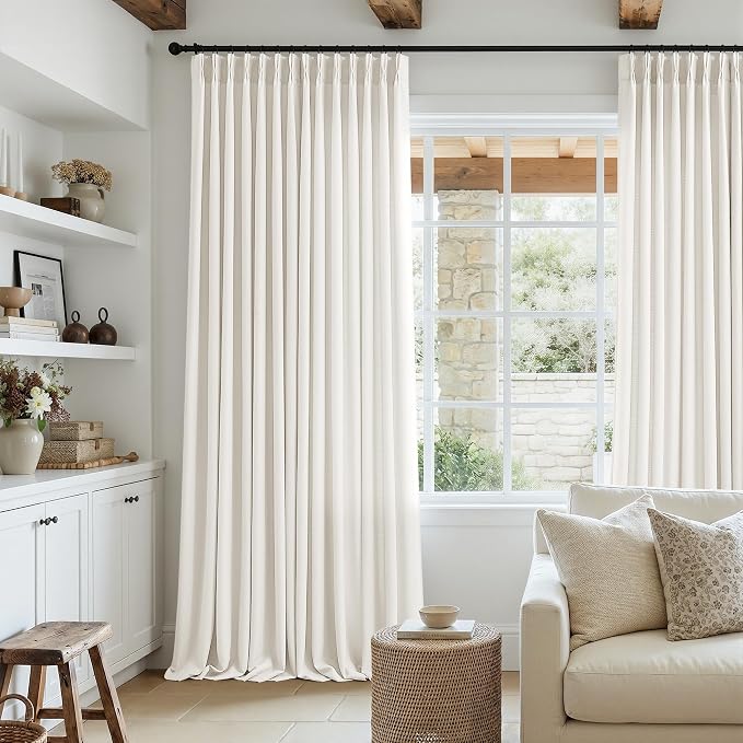 Pinch Pleated Thick Linen Curtains 100 Inches 2 Panels Set Ivory Cream Back Tab Memory Trained Pinch Pleat Semi Sheer Light Filtering Privacy Curtains Window Drapes for Living Room Bedroom Birch