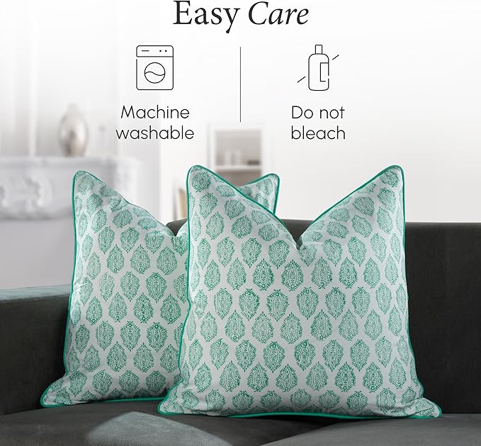 CPC 100% Cotton Throw Pillow Covers 24x24 Inch, Set of 2 Green Block Print Pattern Couch Pillow, Cute Boho Decorative Pillows for Living Room, Bedroom with Hidden Zipper- Sea Green