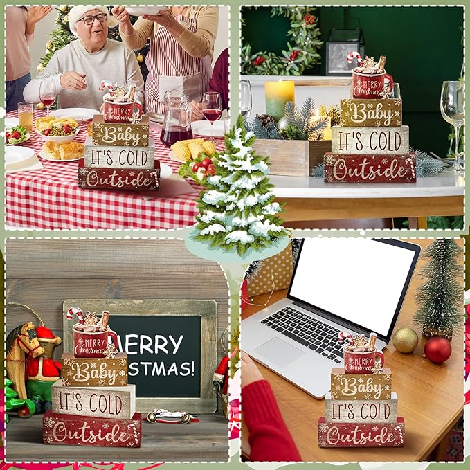 Moucuny 4 Pcs Christmas Table Decor Wooden Hot Cocoa Decoration Christmas Centerpiece Winter Tiered Tray Decor Decorative Red Hot Cocoa Block Signs Gift Farmhouse Xmas Decoration for Home Kitchen