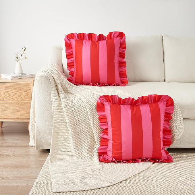 MONDAY MOOSE Decorative Throw Pillow Covers, Set of 2 Water-Resistant Striped Design with Ruffle Edge for Outdoor/Indoor Use, Pillow Inserts Not Included (22x22 inch, Hot Pink/Red)