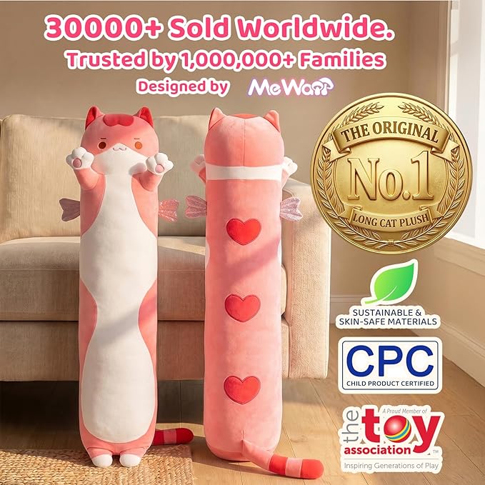 Mewaii Long Cat Plush 5 Sizes, 120% Extra Filling Giant Plushness Kids Body Pillow, Kawaii Cute Pink Cat Stuffed Animals Plushies, Big Long Body Pillow Cat Plush Gift for Girls 36”
