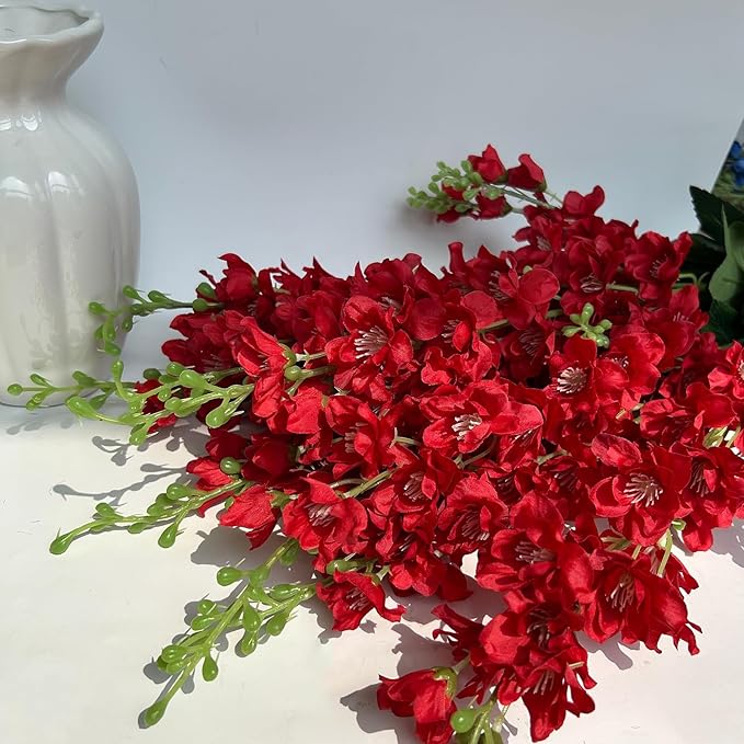 8 pcs Red Delphinium Artificial Flowers, 34.25''Artificial Snapdragon Flowers Tall Fake Flowers Silk Flowers Faux Delphinium Bulk for Tall Vase Home Wedding Garden Table Decor