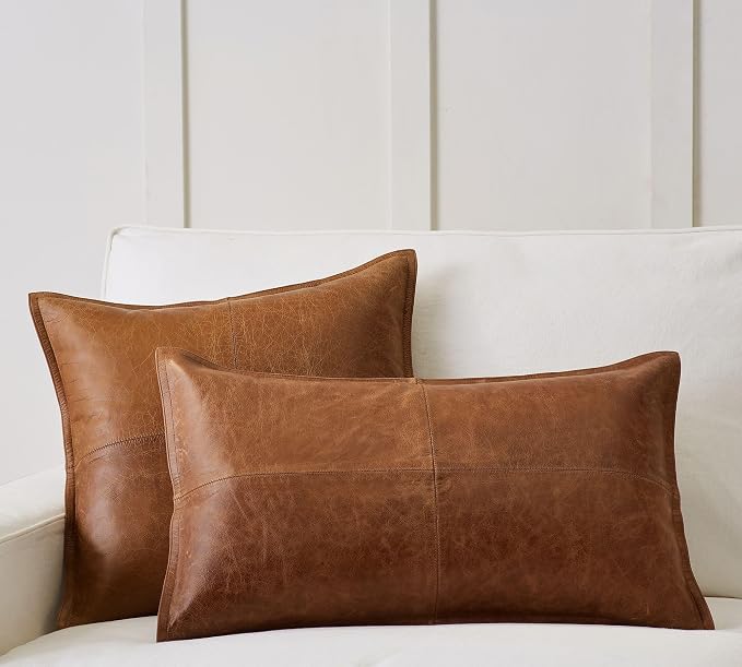 Genuine Leather Pillow Cover Case for Lumbar Throw Couch Pillows - Modern Farmhouse Decorative Sofa Thick & Soft Cushion Covers (Brown, 12" x 20")