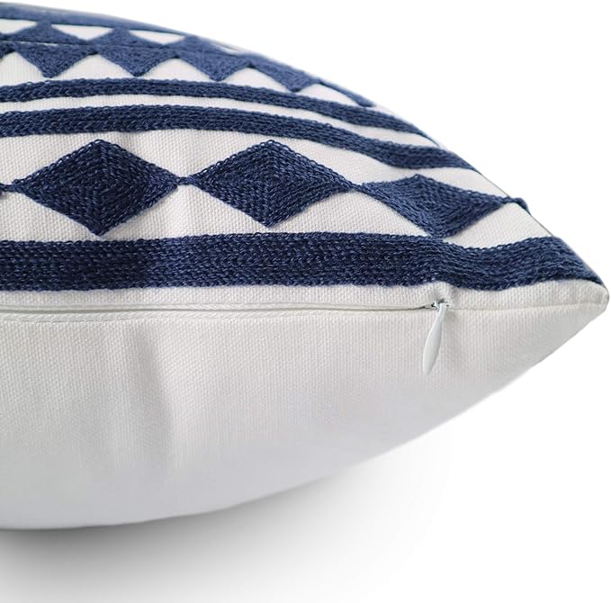 Embroidery Throw Pillow Cover 18x18 Home Décor Navy Blue Geometric Cushion Cover Diamond Triangle Pillow Case Floor Pillow Cover for Couch Sofa Chair 100% Cotton 45x45cm, 1 Piece
