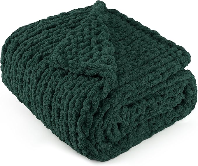 Chunky Knit Throw Blanket 60x80, 100% Handmade Chenille Yarn | 6.7lbs Soft Thick Cable Knitted Blankets, Large Rope Knot Crochet Throws for Couch Sofa Bed Christmas Fall Decor, Dark Green