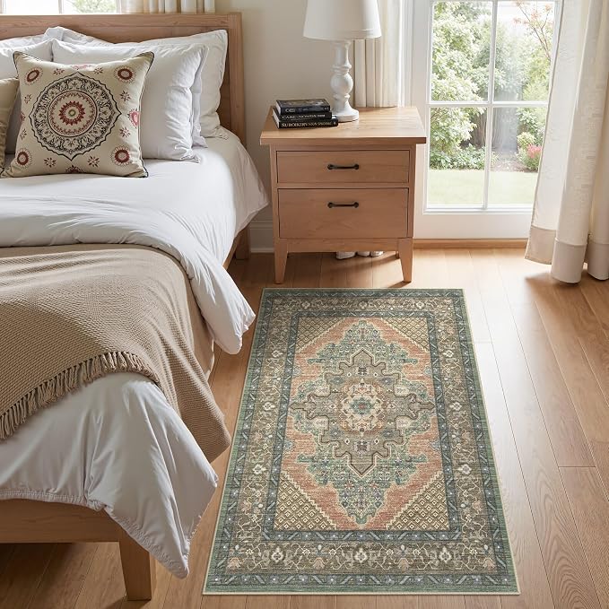Tortania Area Rug Living Room Rugs - 3x5 Washable Rug Vintage Oriental Distressed Farmhouse Small Thin Indoor Carpet for Living Room Bedroom Under Dining Table Home Office - Sage Terracotta