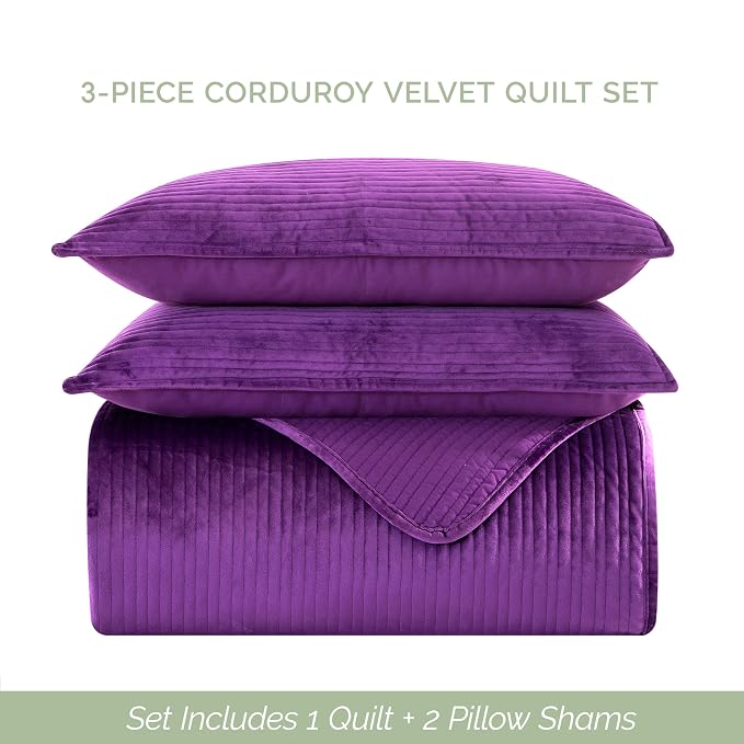 Elegant Comfort Luxury 3-Piece Velvet Corduroy Stripe Quilt Set, Ultra Soft Bedspread - Cozy Velvet Coverlet Set - 3PC Medium Weight Quilted Set with Matching Pillow Shams, Full, Purple