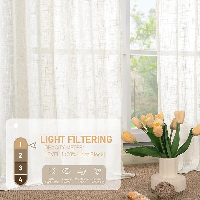 LAMIT Light Filtering Linen Curtains 63 inches Long, Cream Linen Textured Semi Sheer Back Tab and Rod Pocket Boho Drapes for Bedroom/Living Room, 2 Panels, 70 x 63 Inch