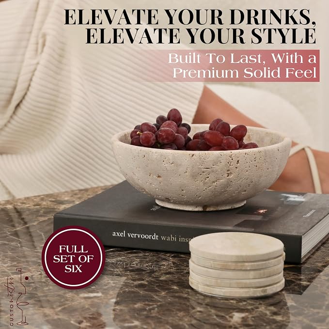 Gusto Nostro Beige Travertine Coasters - Absorbent Stone Coasters Set of 6 - High-end, Natural Stone Coaster for Drinks - Anti-slip Round Artisanal Travertine Coaster for Kitchen Counter, Coffee Table