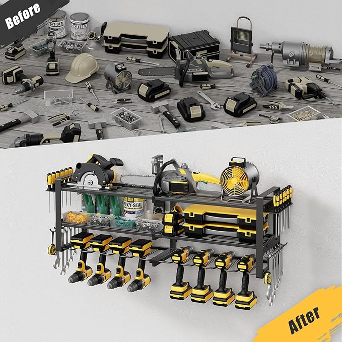 Jusgym Power Tool Organizer Wall Mount |350lbs Garage Storage Rack with 6 Cordless Drill Holder |3-Tier 32''W Heavy Duty Tool Storage Rack for Garage Organization |Gift for Men