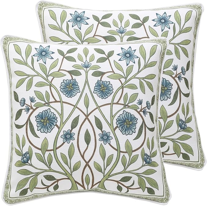 ISAENNE Designer Linen Throw Pillow Cover,Set of 2,18"x18"-Mosella A | Vintage Elegant Square Decor Pillow Cover,Concealed Zipper Design,Floral Pattern,Sofa,Bedroom,Living Room,Lounge Chairs