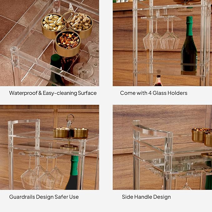 Eglaf Small Acrylic Bar cart, 3 Tier Home Bar Cart with 4 Lockable Wheels | Rolling Serving Cart with Glass Holders, Handle, for Living Room, Kitchen, Bedroom, Bar, 15.6" L x 11.6" W x 35" H