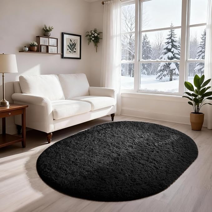 Ophanie 3x5 Black Oval Rugs for College Dorm Bedroom Living Room, Small Fluffy Fuzzy Carpet, Plush Soft Shaggy Bedside Indoor Floor Area Rug for Kids Men Boys Baby Teen Nursery Home Decor Aesthetic