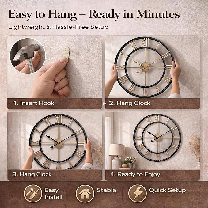 Pytha Sight 24 Inch Large Wall Clocks for Living Room, Farmhouse Roman Numeral Metal Wall Clock, Silent Non-Ticking Oversized Decorative Wall Clock for Fireplace, Dining Room, Office Decor