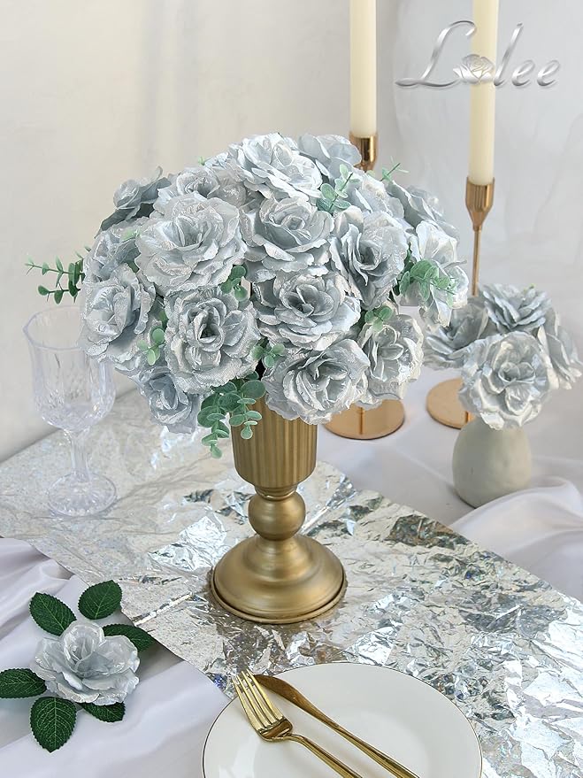 LELEE Artificial Rose Flowers Head with Stem - 108pcs Silver Artificial Flowers Rose Bulk - Silk Rose Fake Flower for Wedding Bouquet Party Home Decor DIY Baby Shower Centerpieces Tables Decoration